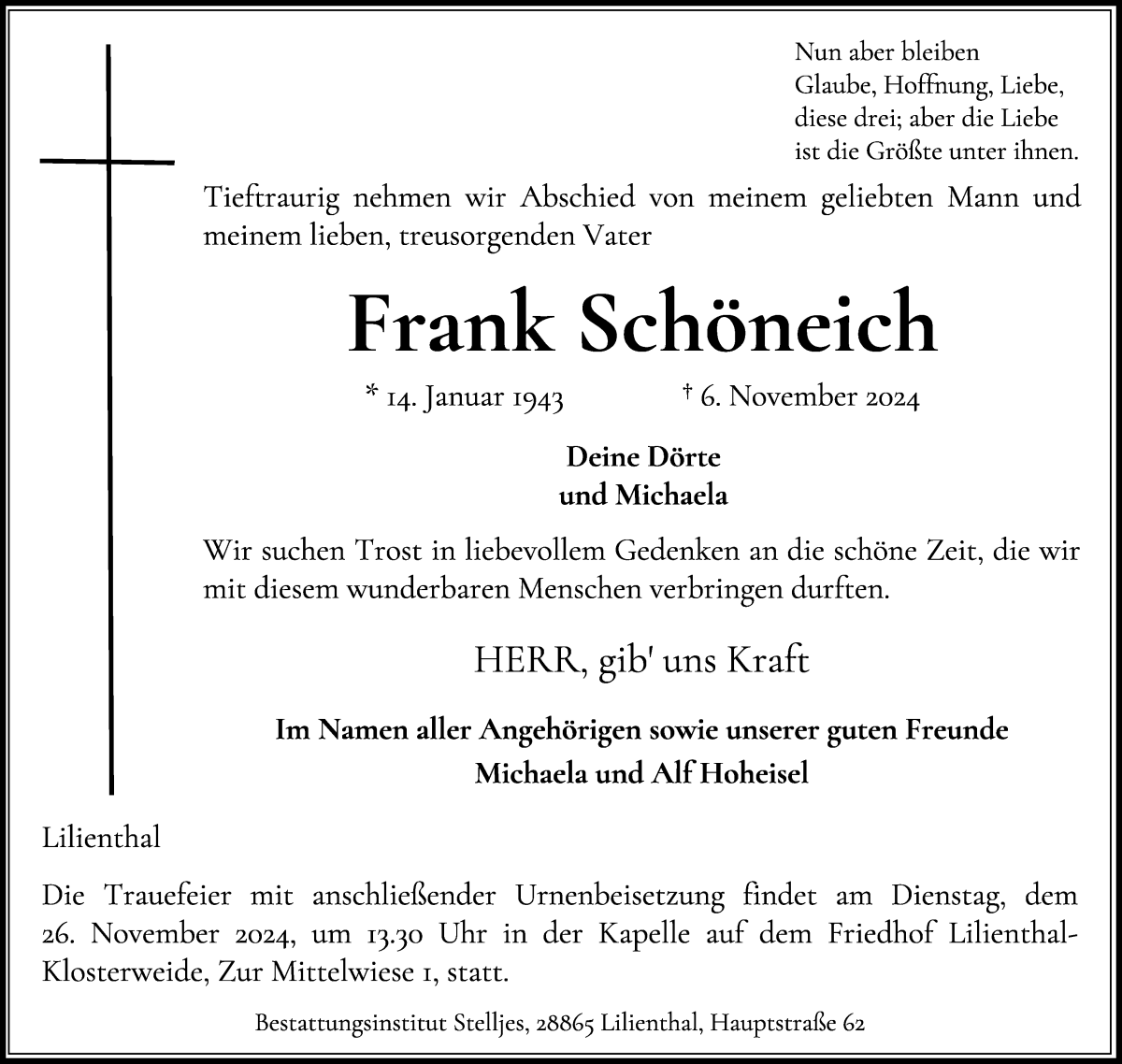 Traueranzeige von Frank Schöneich von Wuemme Zeitung