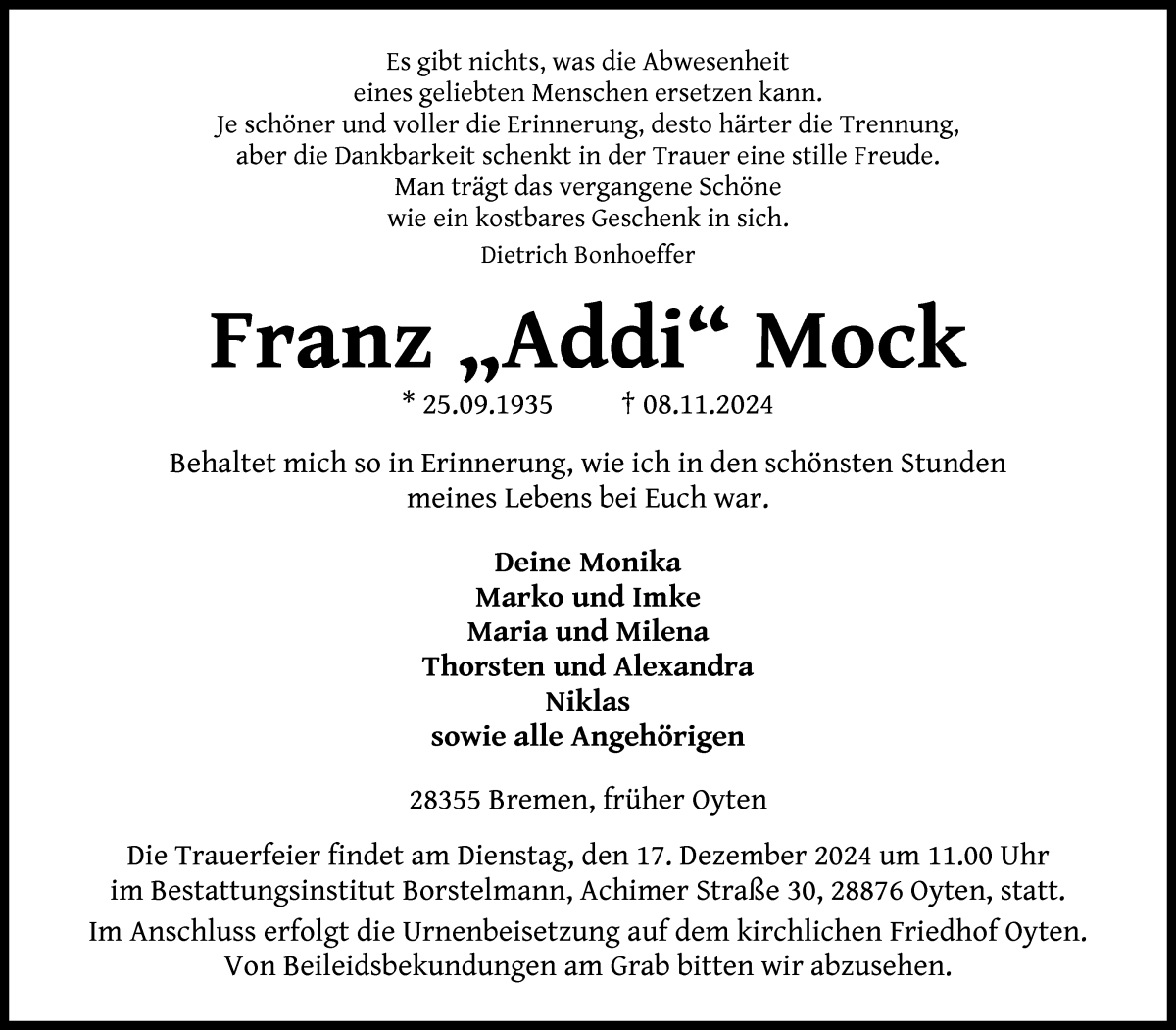 Traueranzeige von Franz „Addi“ Mock von WESER-KURIER