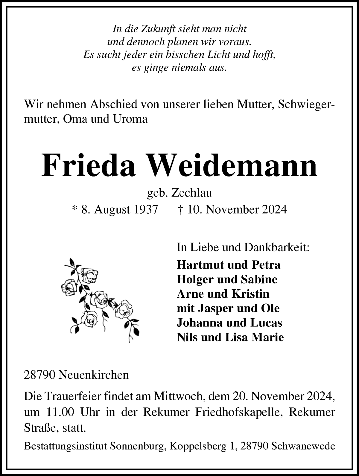 Traueranzeige von Frieda Weidemann von Die Norddeutsche