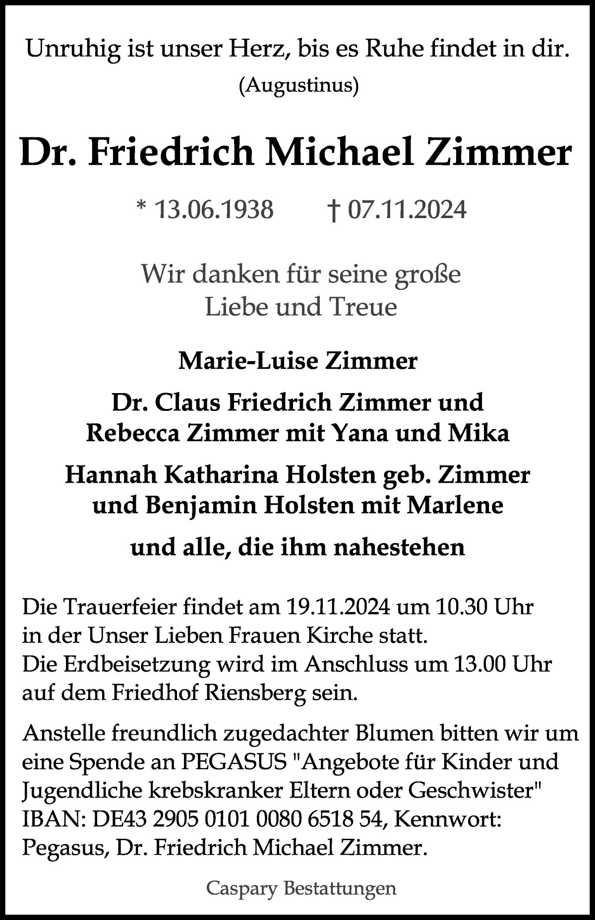 Traueranzeige von Friedrich Zimmer von WESER-KURIER