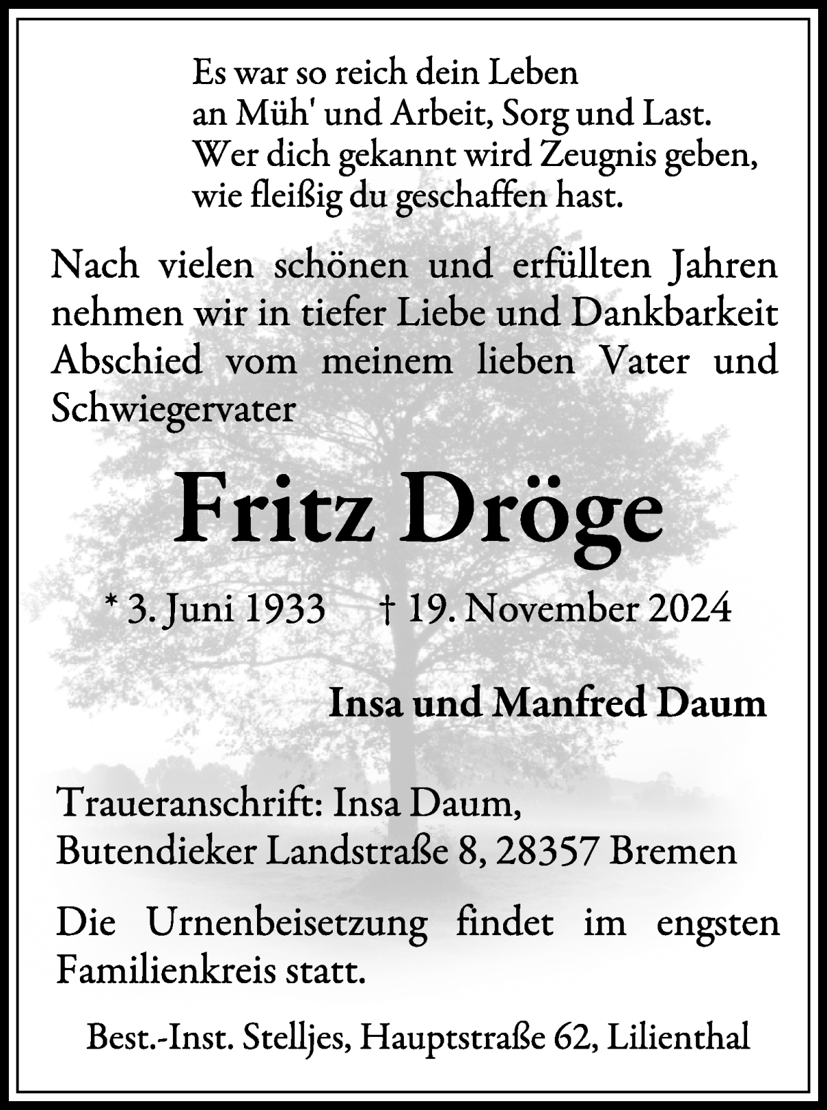 Traueranzeige von Fritz Dröge von WESER-KURIER