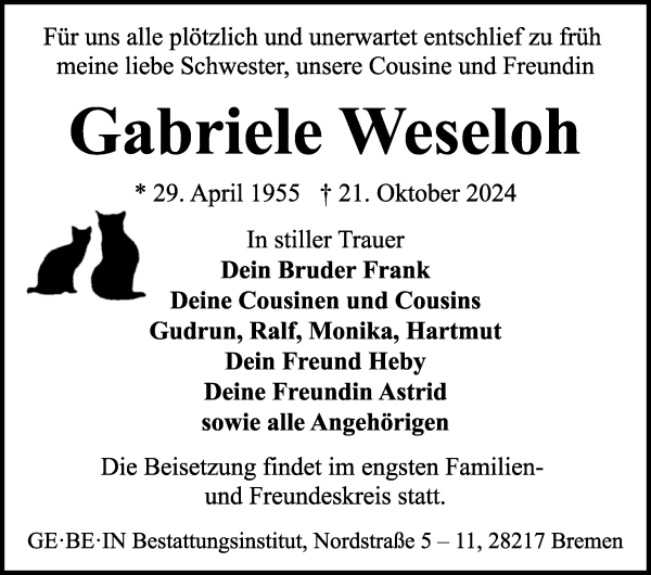 Traueranzeige von Gabriele Weseloh von WESER-KURIER