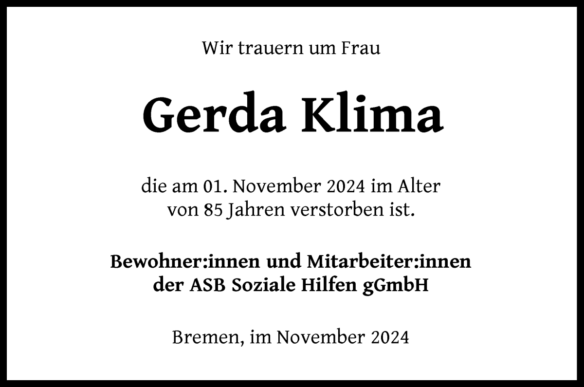 Traueranzeige von Gerd Klima von WESER-KURIER