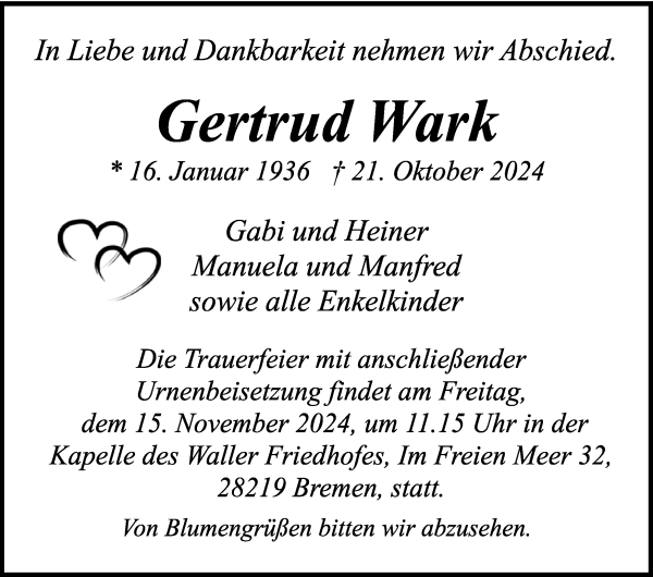 Traueranzeige von Gertrud Wark von WESER-KURIER