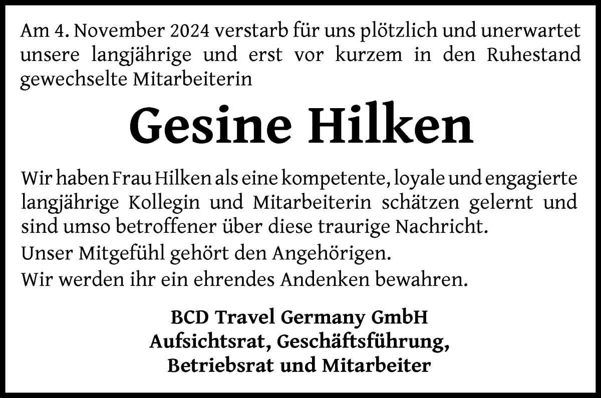  Traueranzeige für Gesine Hilken vom 16.11.2024 aus WESER-KURIER