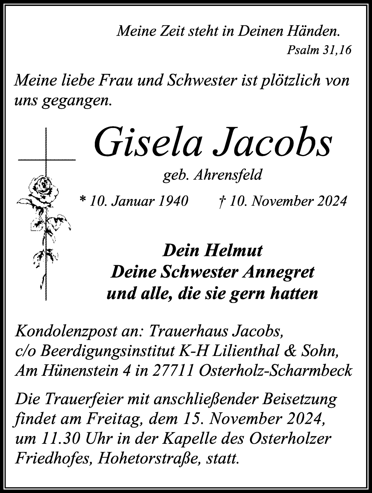 Traueranzeige von Gisela Jacobs von Osterholzer Kreisblatt