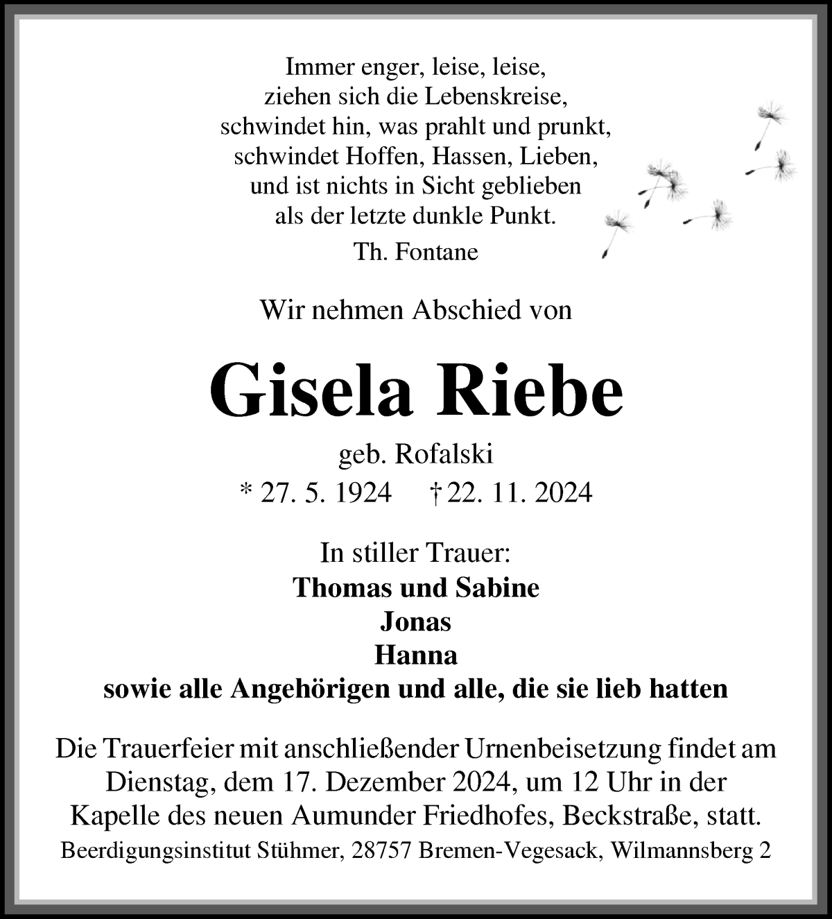 Traueranzeige von Gisela Riebe von Die Norddeutsche