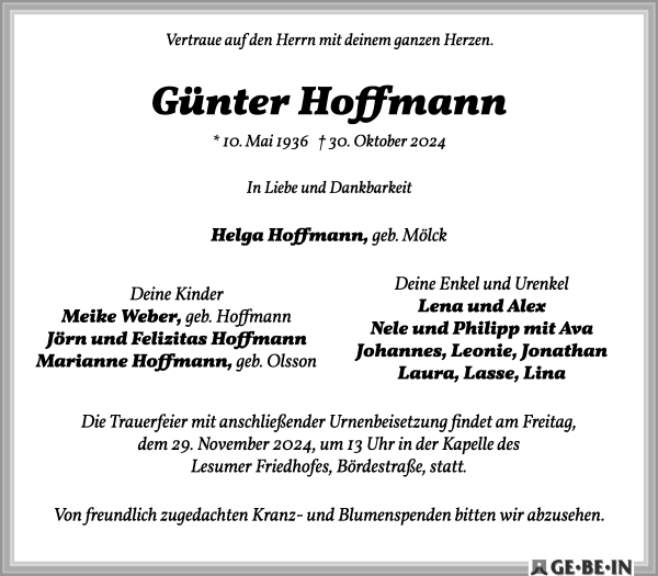 Traueranzeige von Günter Hoffmann von Die Norddeutsche