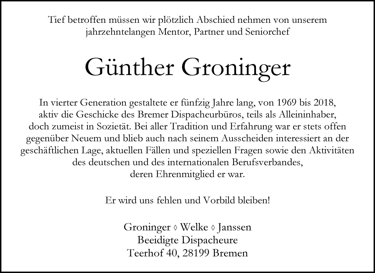 Traueranzeige von Günther Groninger von WESER-KURIER