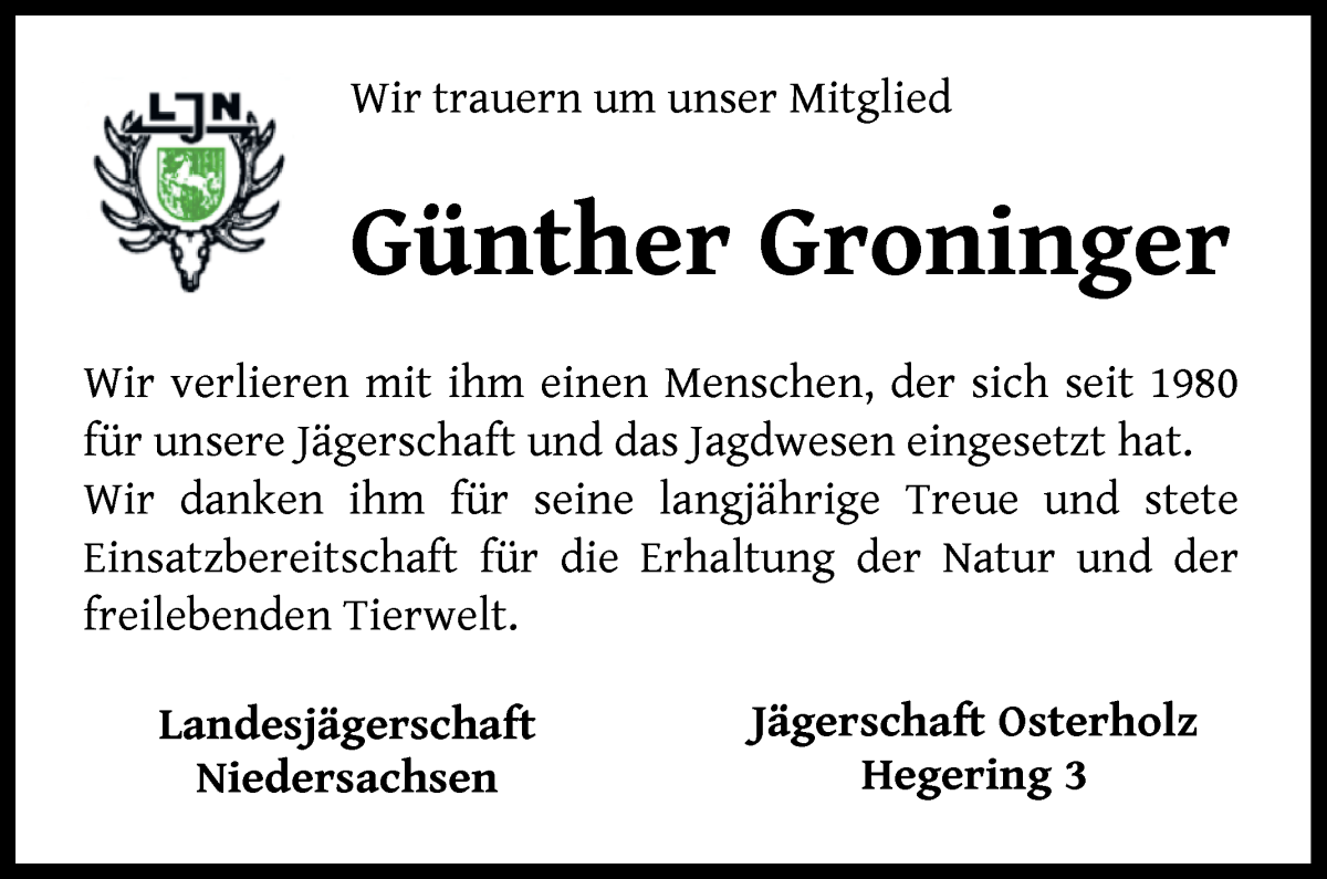 Traueranzeige von Günther Groninger von Die Norddeutsche