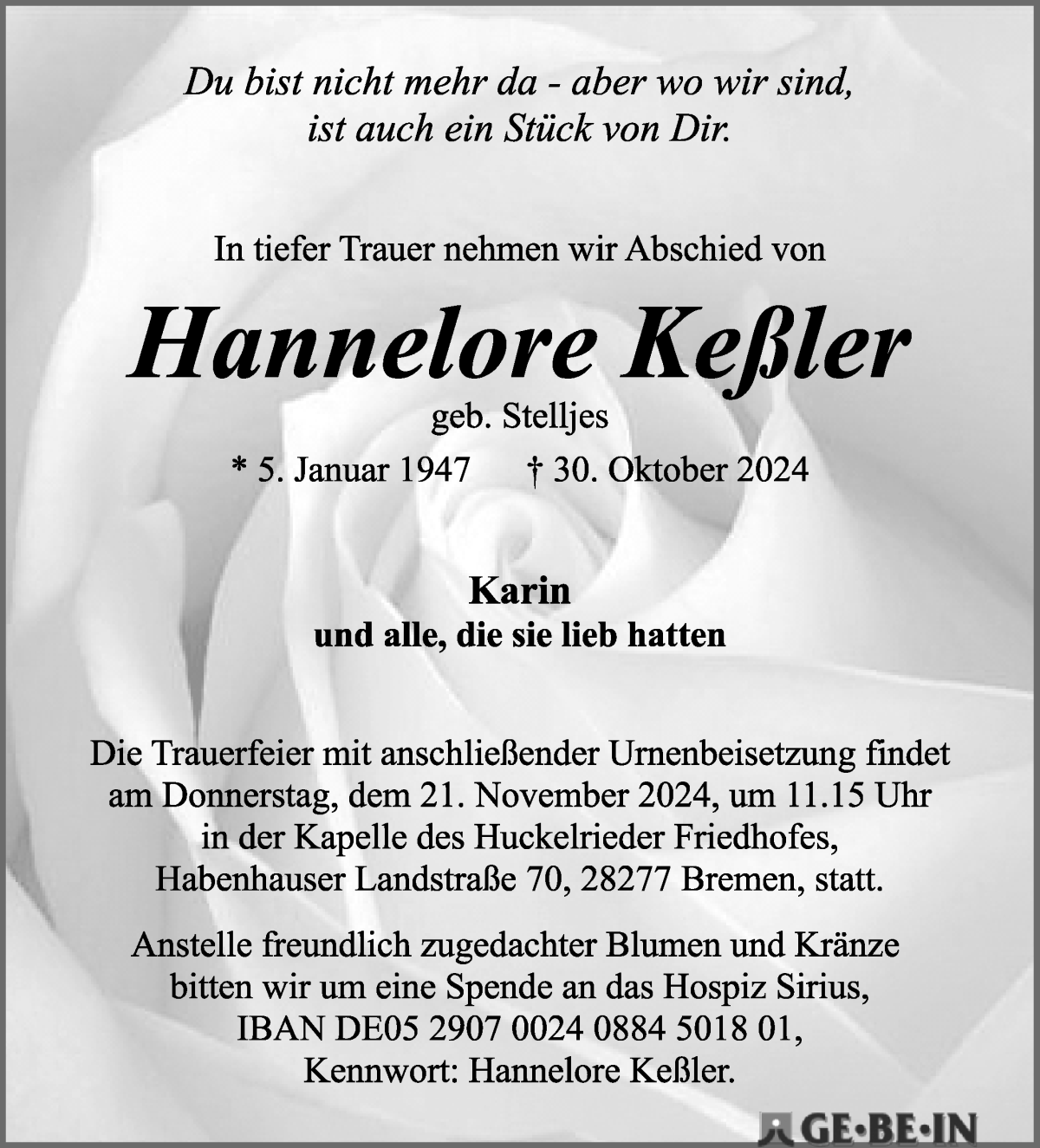 Traueranzeige von Hannelore Keßler von WESER-KURIER