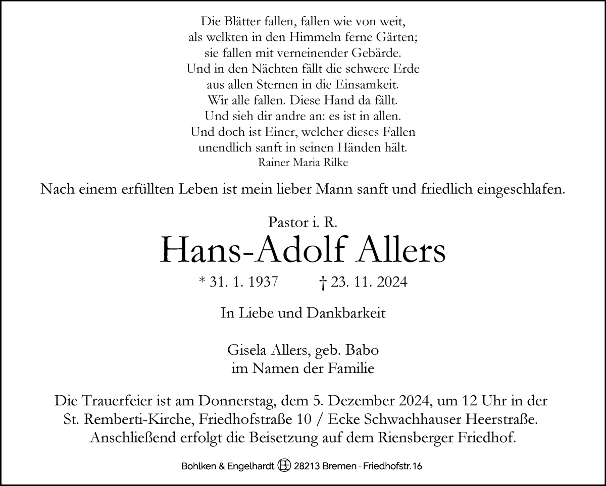 Traueranzeige von Hans-Adolf Allers von WESER-KURIER