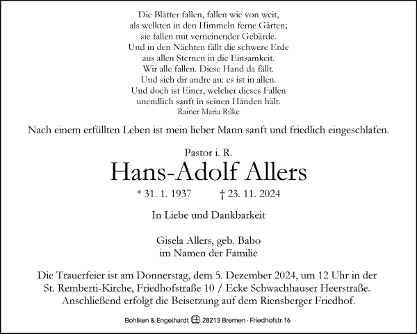 Traueranzeige von Hans-Adolf Allers von WESER-KURIER