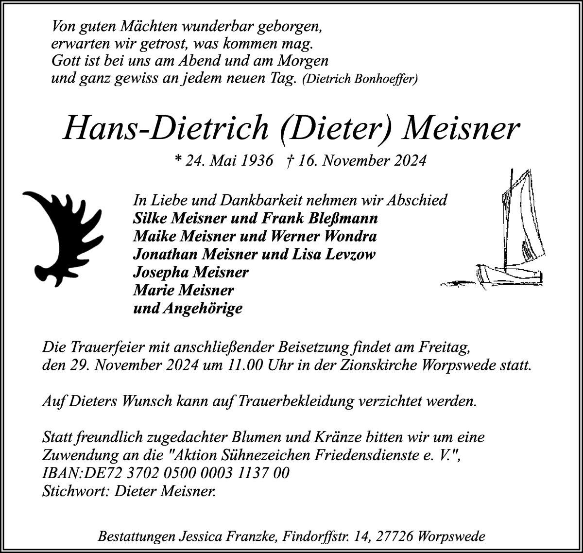 Traueranzeige von Hans-Dietrich Meisner von Wuemme Zeitung