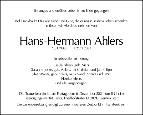 Traueranzeige von Hans-Hermann Ahlers von WESER-KURIER