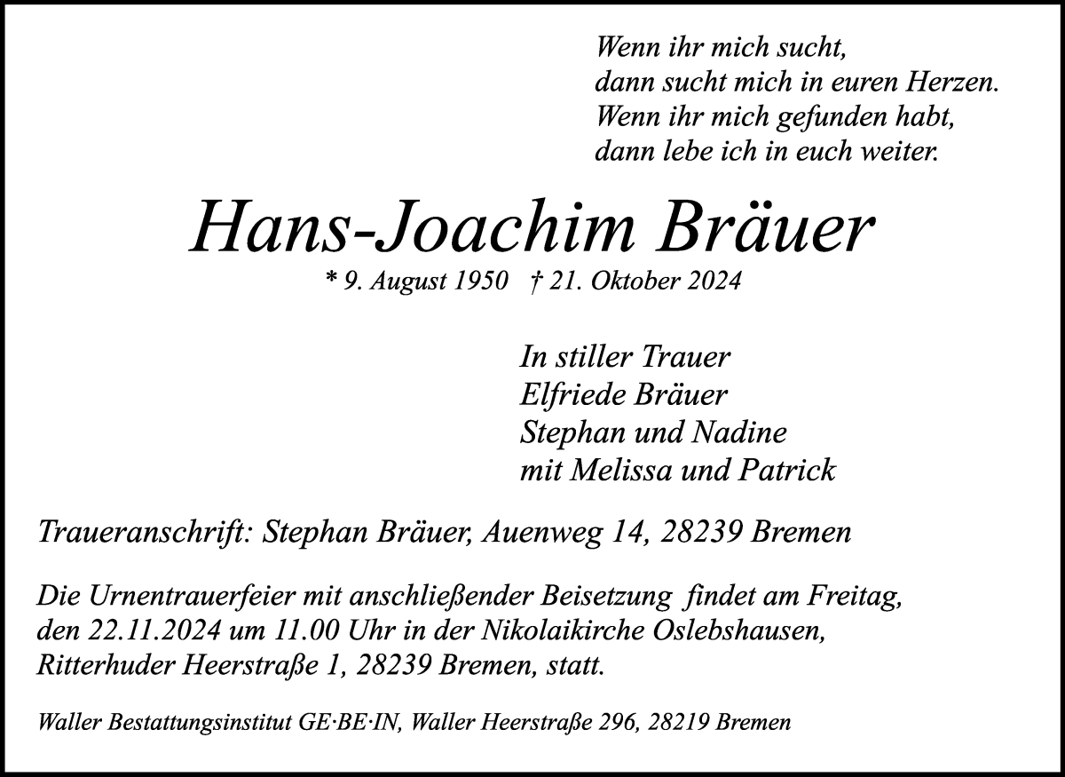 Traueranzeige von Hans-Joachim Bräuer von WESER-KURIER