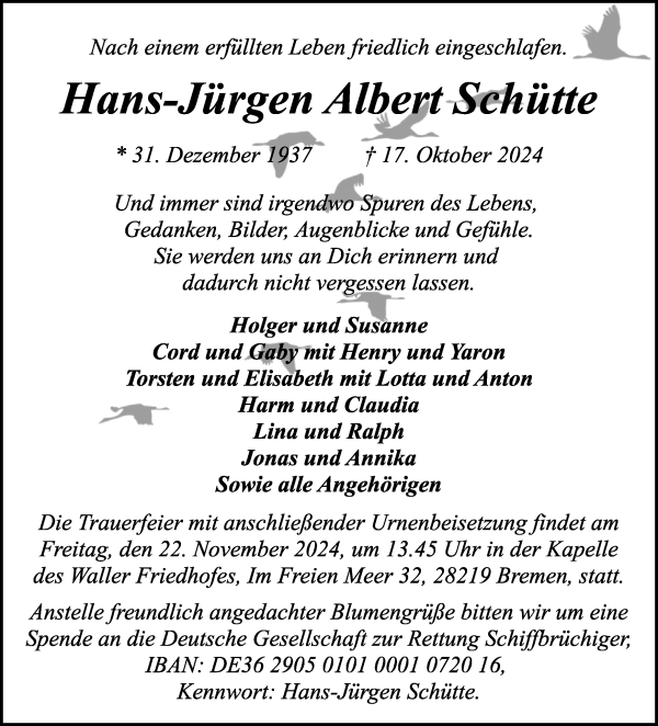 Traueranzeige von Hans-Jürgen Albert Schütte von WESER-KURIER