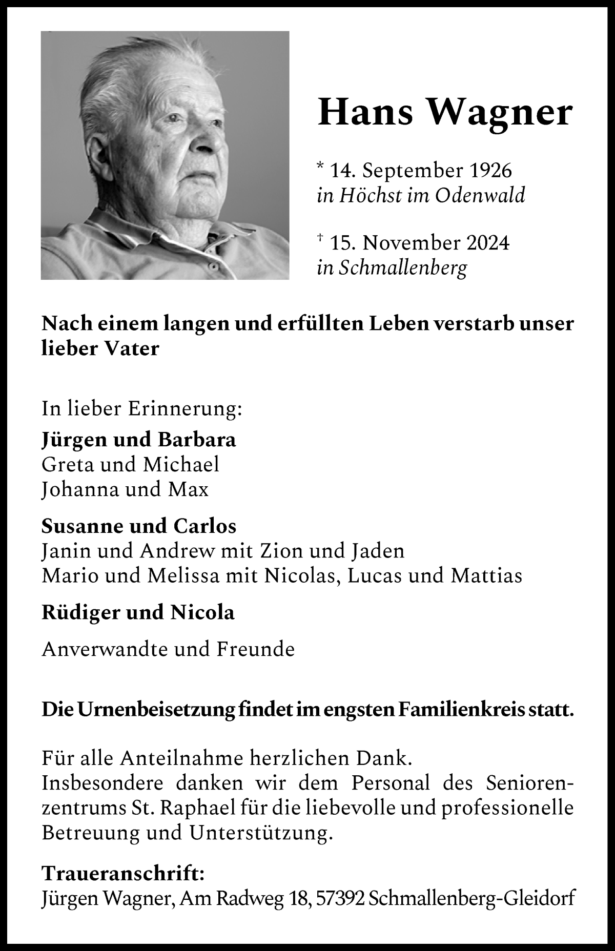 Traueranzeige von Hans Wagner von Osterholzer Kreisblatt