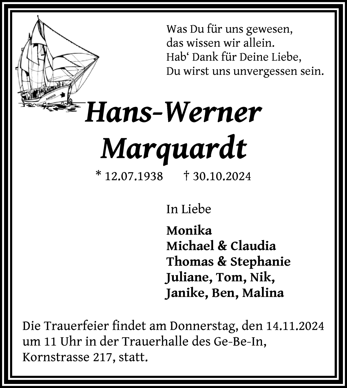 Traueranzeige von Hans-Werner Marquardt von WESER-KURIER