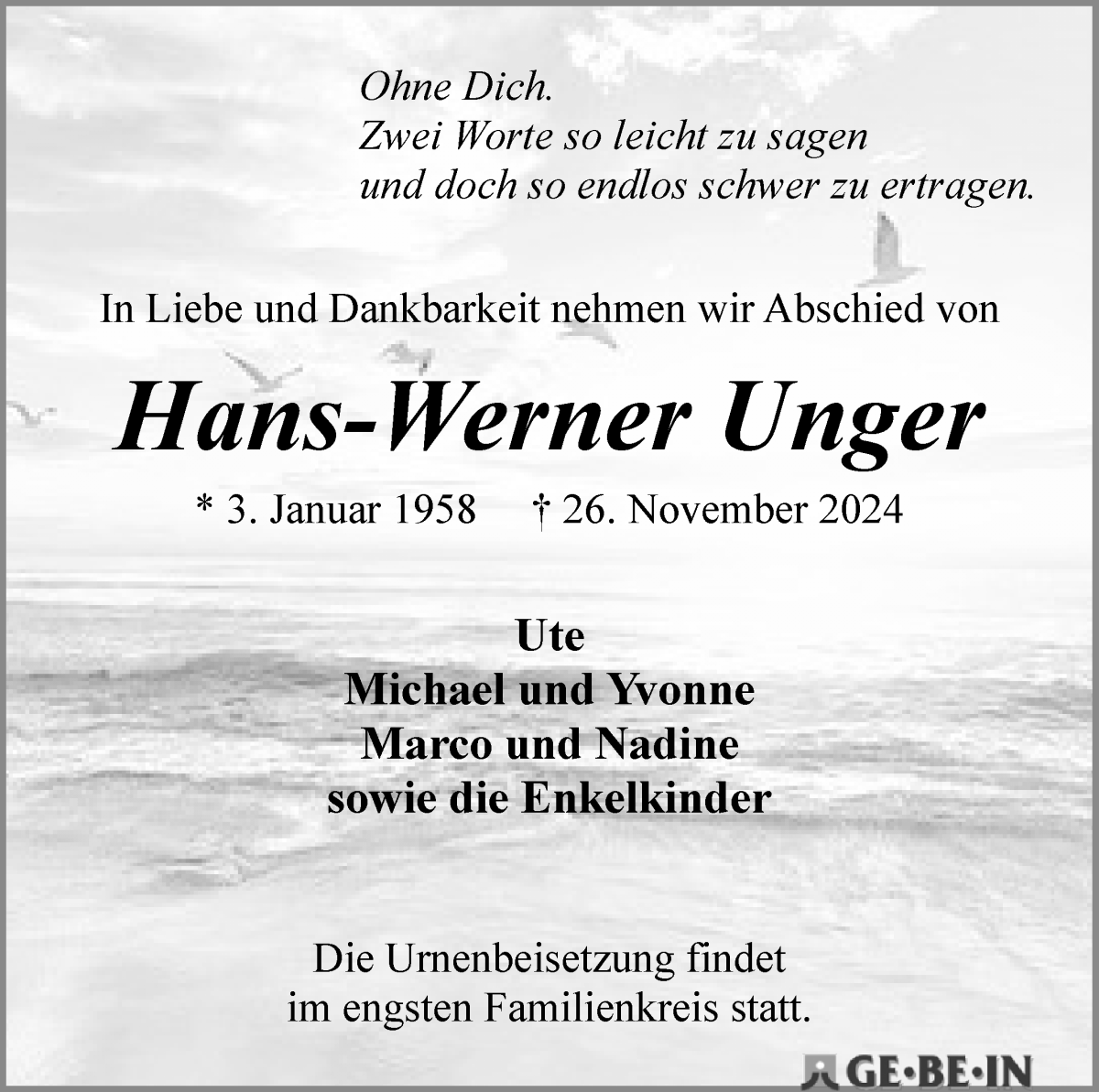 Traueranzeige von Hans-Werner Unger von WESER-KURIER