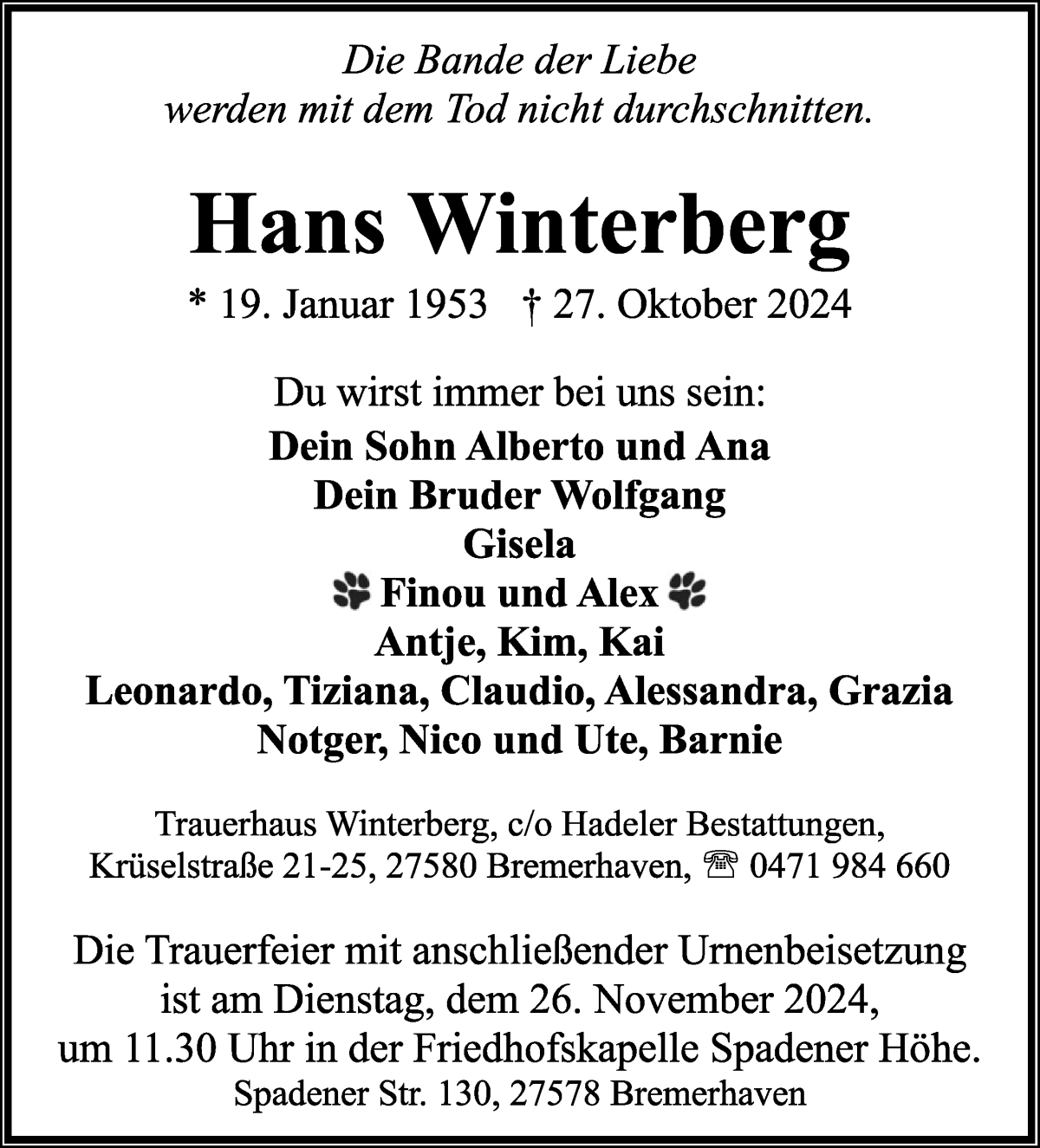 Traueranzeige von Hans Winterberg von WESER-KURIER