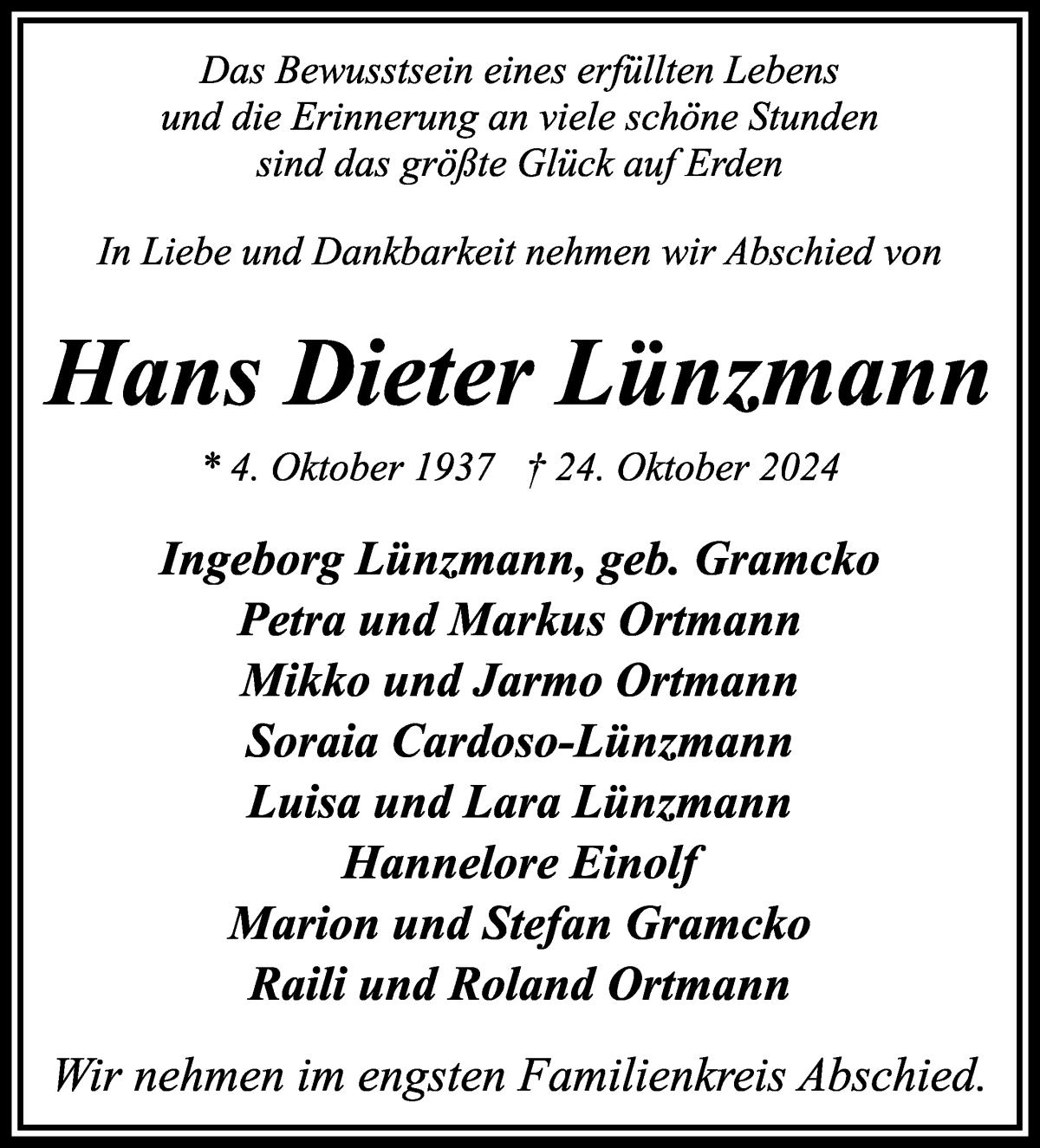 Traueranzeige von Hans Dieter Lünzmann von WESER-KURIER