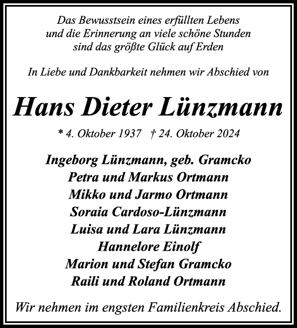 Traueranzeige von Hans Dieter Lünzmann von WESER-KURIER