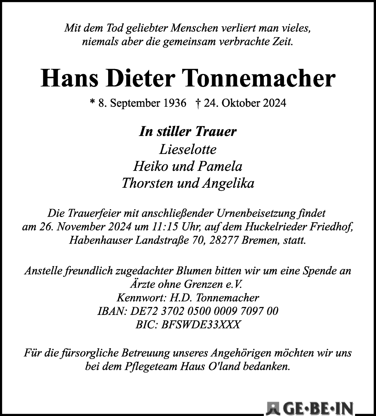 Traueranzeige von Hans Dieter Tonnemacher von WESER-KURIER