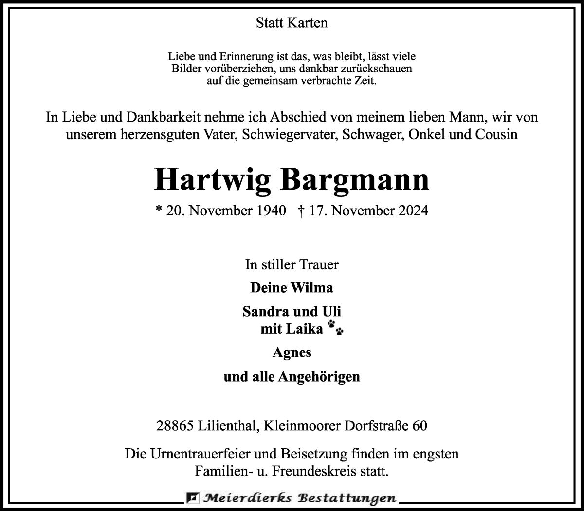 Traueranzeige von Hartwig Bargmann von Wuemme Zeitung