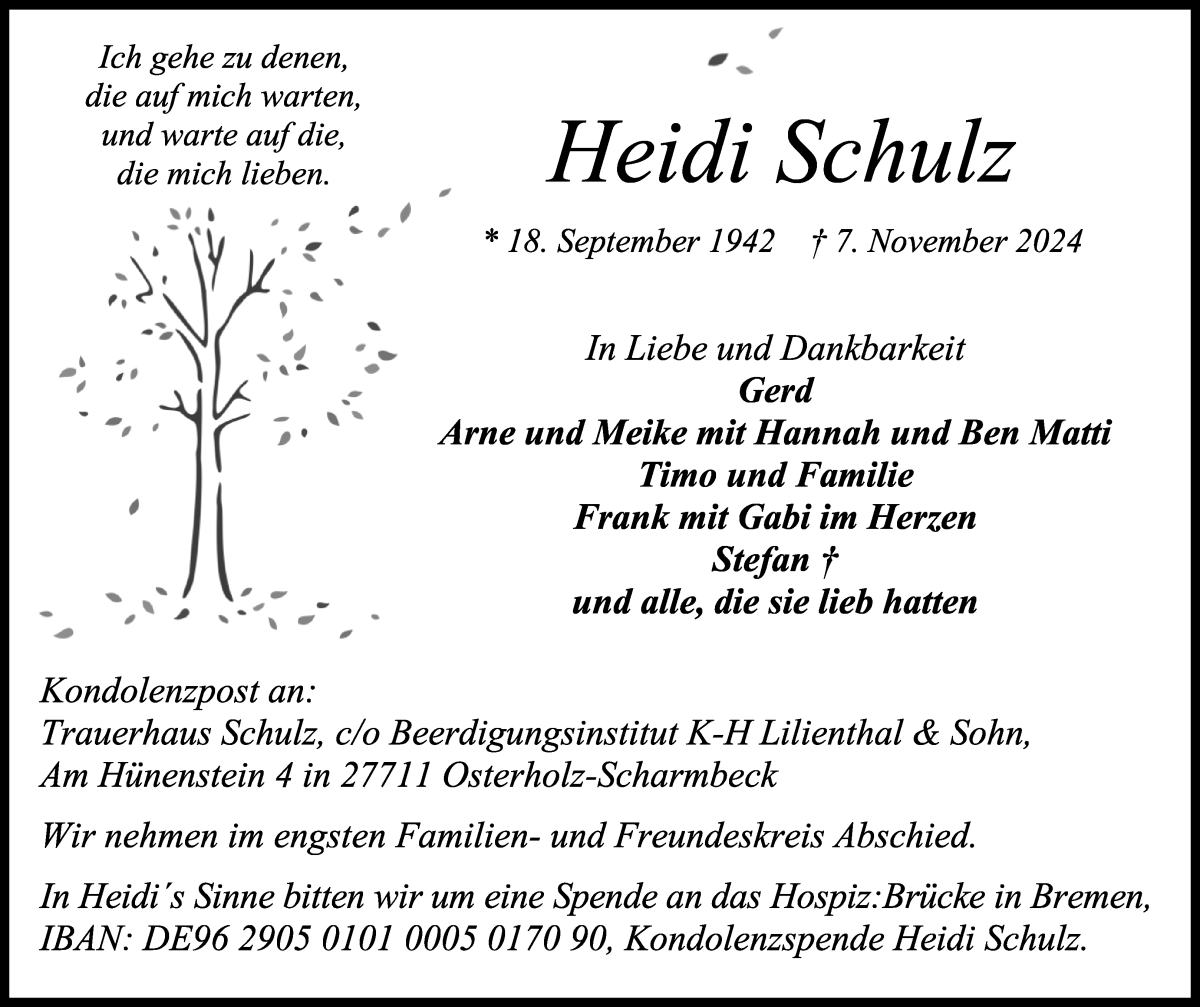 Traueranzeige von Heidi Schulz von Osterholzer Kreisblatt