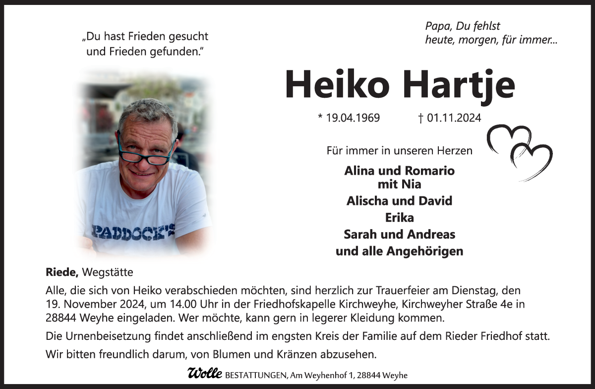 Traueranzeige von Heiko Hartje von WESER-KURIER