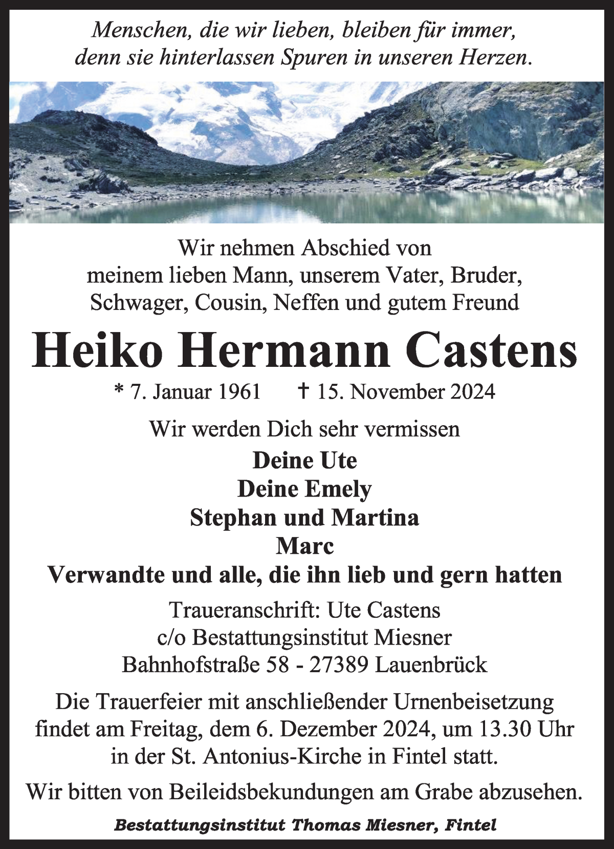 Traueranzeige von Heiko Hermann Castens von WESER-KURIER