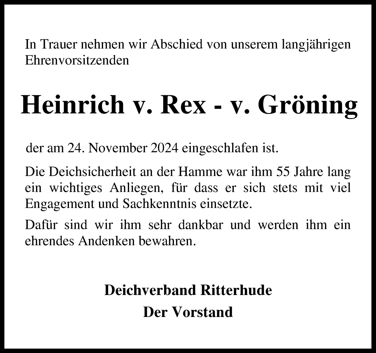  Traueranzeige für Heinrich v. Rex-v. Gröning vom 30.11.2024 aus Osterholzer Kreisblatt