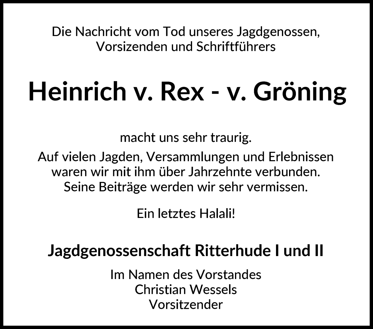  Traueranzeige für Heinrich v. Rex-v. Gröning vom 30.11.2024 aus Osterholzer Kreisblatt