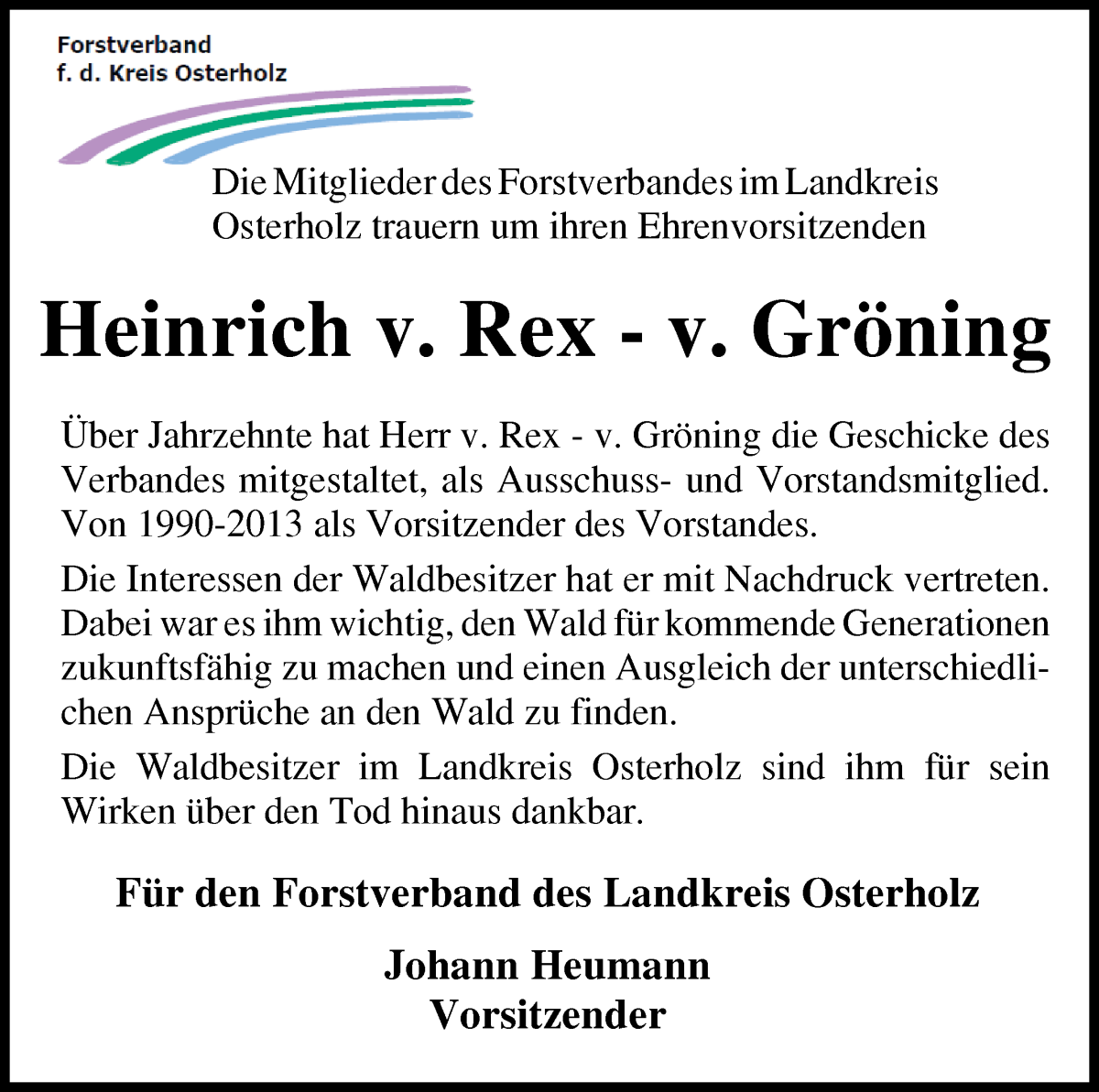  Traueranzeige für Heinrich v. Rex-v. Gröning vom 30.11.2024 aus Osterholzer Kreisblatt