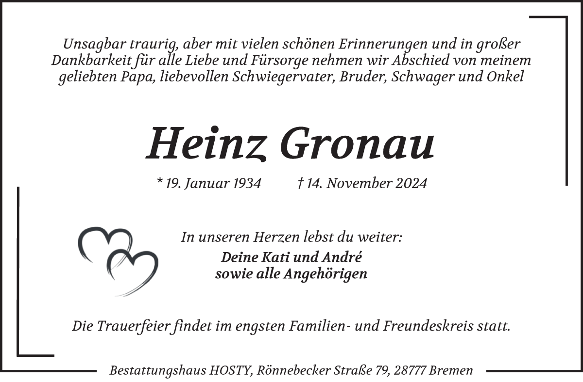 Traueranzeige von Heinz Gronau von Die Norddeutsche