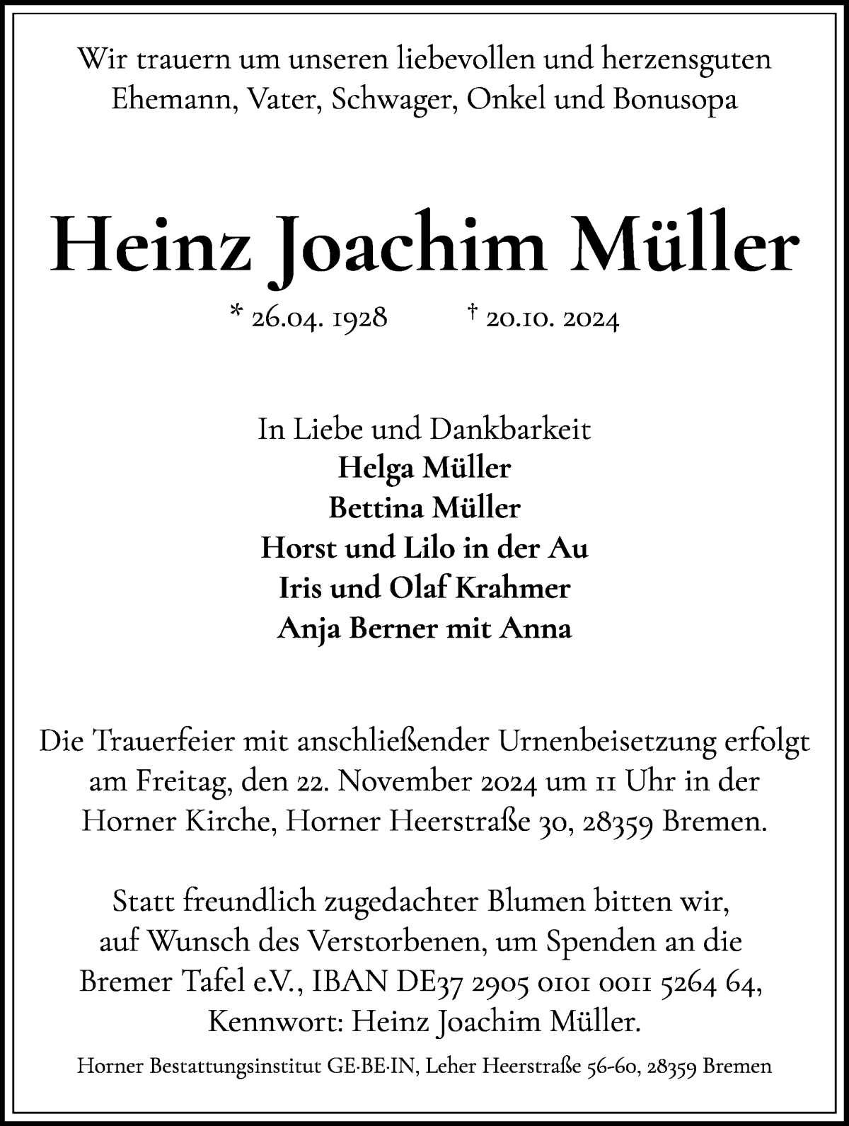 Traueranzeige von Heinz Joachim Müller von WESER-KURIER