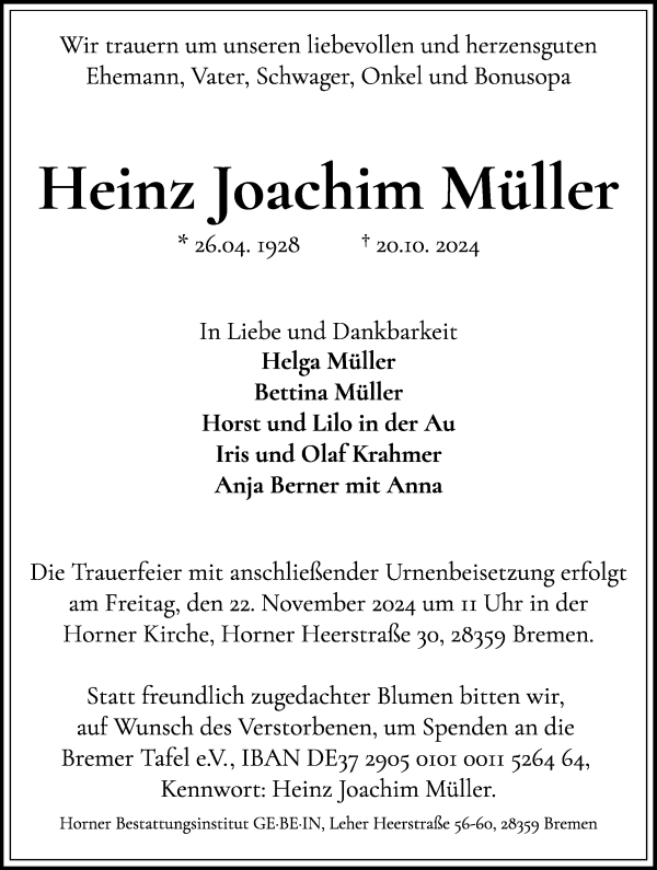 Traueranzeige von Heinz Joachim Müller von WESER-KURIER