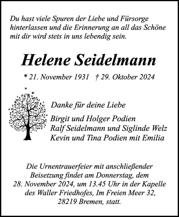 Traueranzeige von Helene Seidelmann von WESER-KURIER