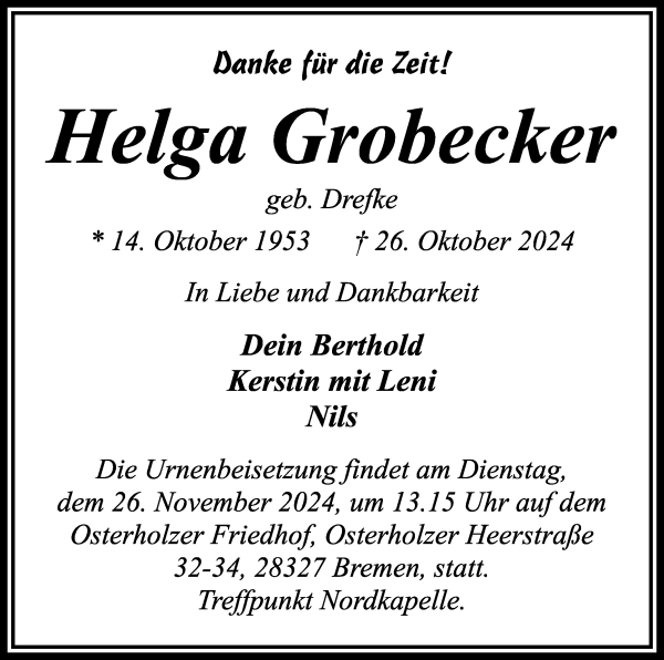 Traueranzeige von Helga Grobecker von WESER-KURIER