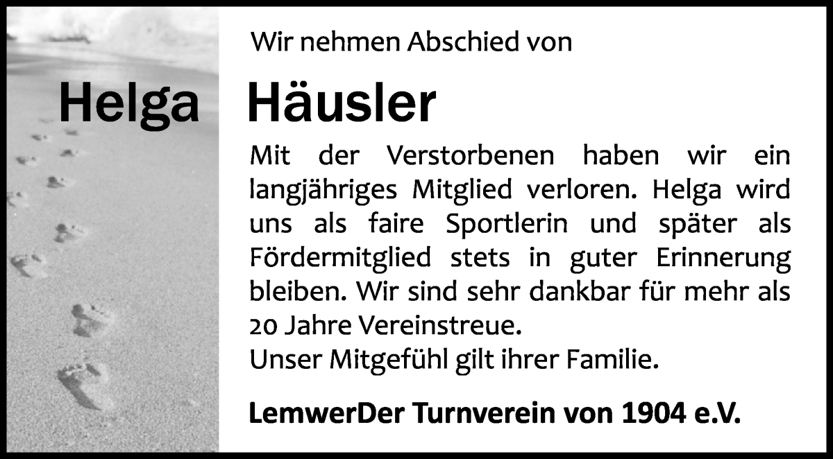 Traueranzeige von Helga Häusler von Die Norddeutsche