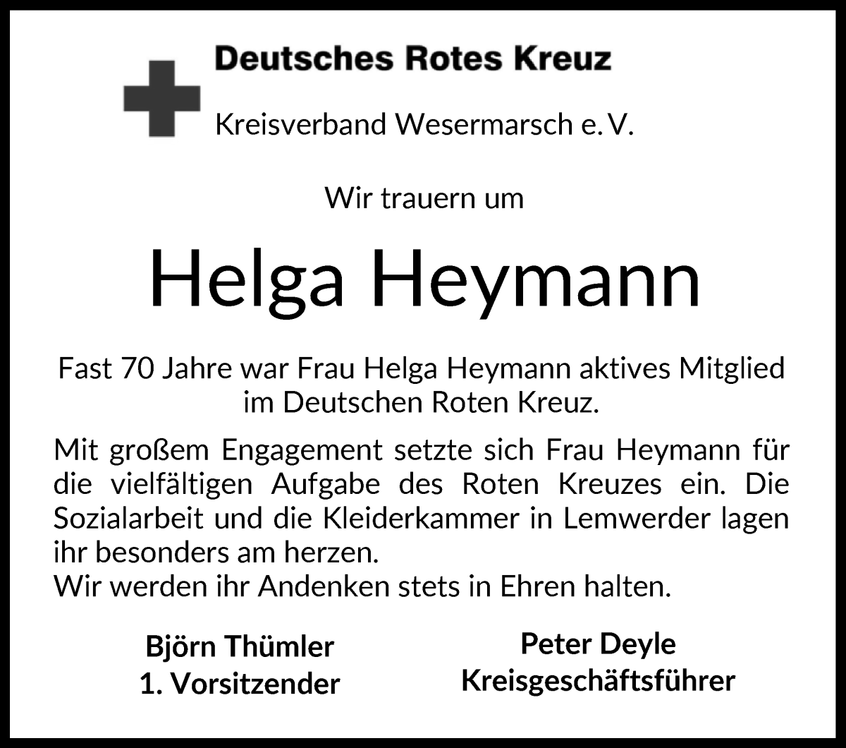 Traueranzeige von Helga Heymann von Die Norddeutsche