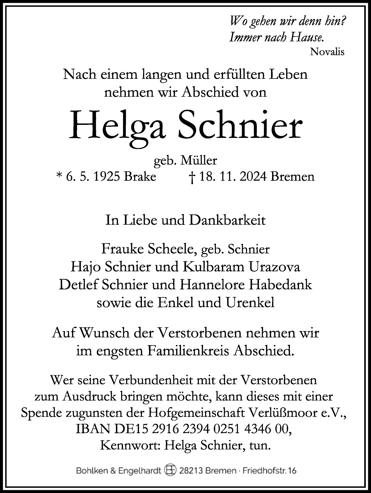 Traueranzeige von Helga Schnier von Wuemme Zeitung