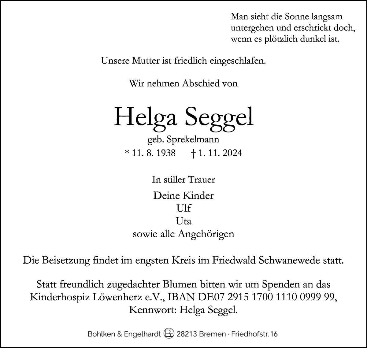 Traueranzeige von Helga Seggel von WESER-KURIER