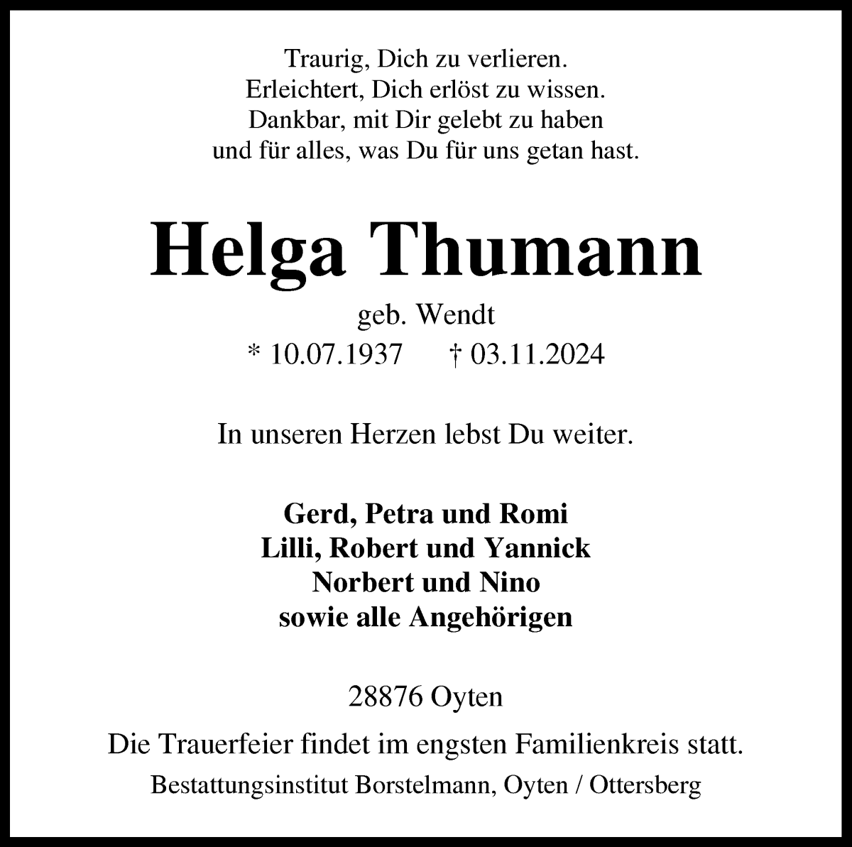 Traueranzeige von Helga Thumann von WESER-KURIER