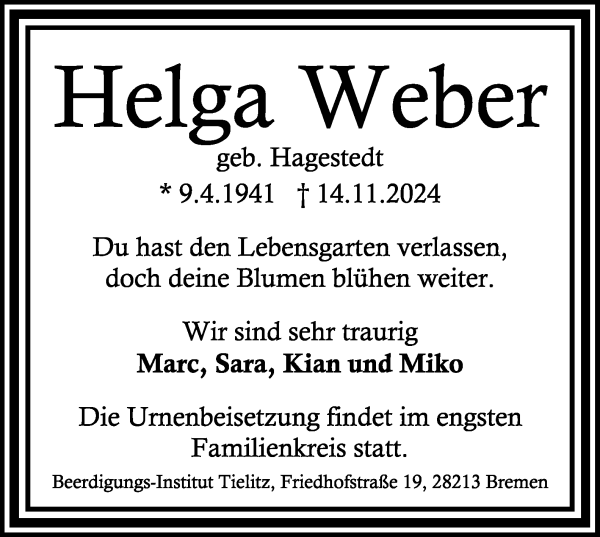 Traueranzeige von Helga Weber von WESER-KURIER