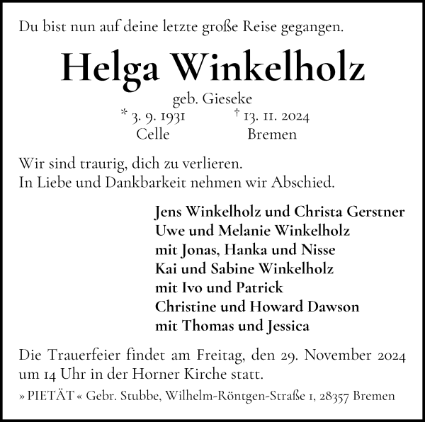 Traueranzeige von Helga Winkelholz von WESER-KURIER