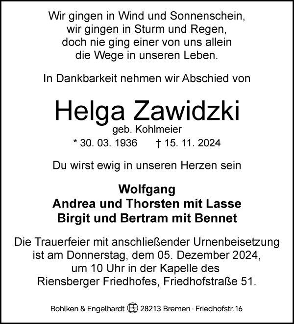 Traueranzeige von Helga Zawidzki von WESER-KURIER