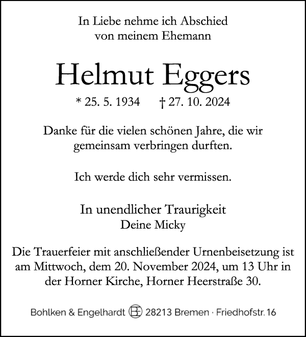 Traueranzeige von Helmut Eggers von WESER-KURIER