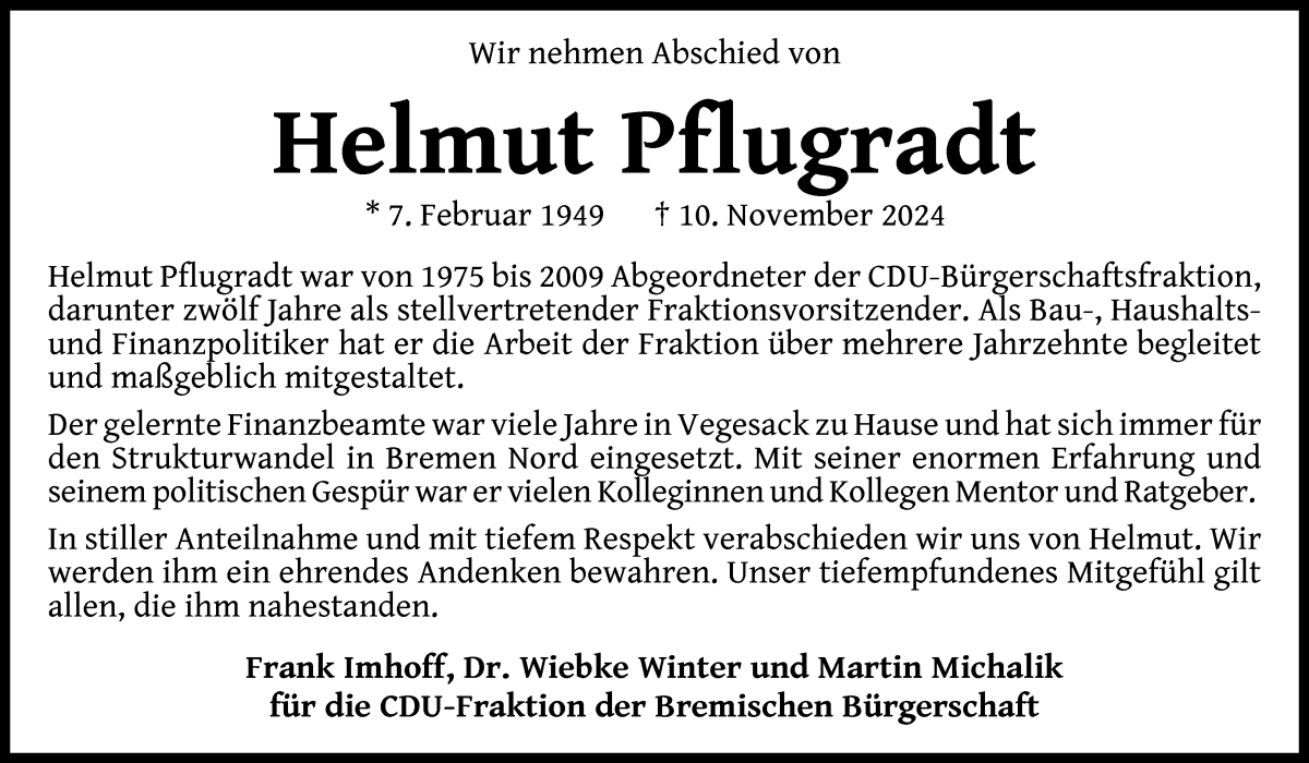 Traueranzeige von Helmut Pflugradt von WESER-KURIER